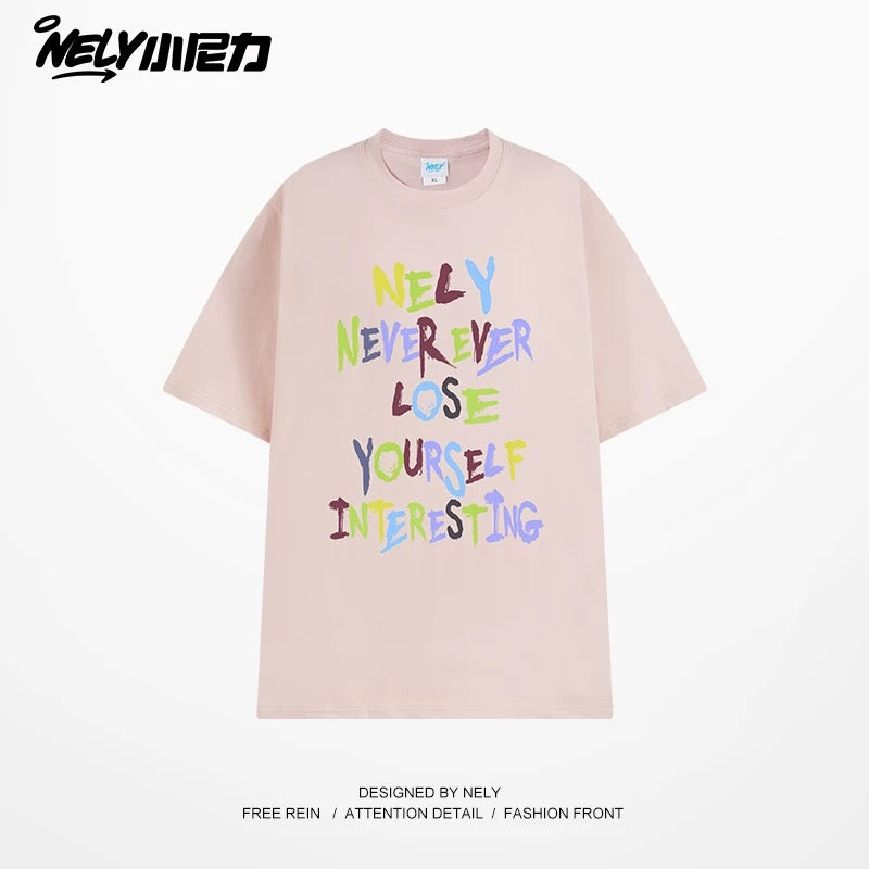 NELY American retro color letter print short-sleeved T-shirt for men and women summer casual loose trendy tops