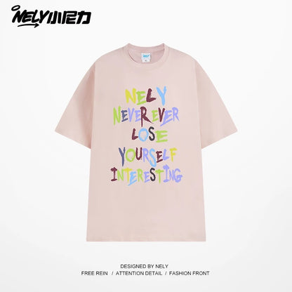 NELY American retro color letter print short-sleeved T-shirt for men and women summer casual loose trendy tops