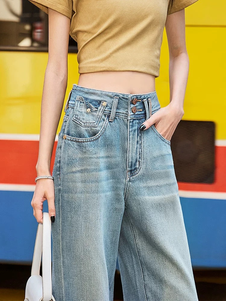 2025 Spring New Retro Blue High Waist Wide Leg Straight Jeans Women's Drape Slimming Double Button Design Trousers