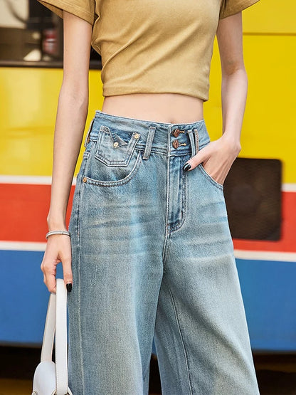 2025 Spring New Retro Blue High Waist Wide Leg Straight Jeans Women's Drape Slimming Double Button Design Trousers