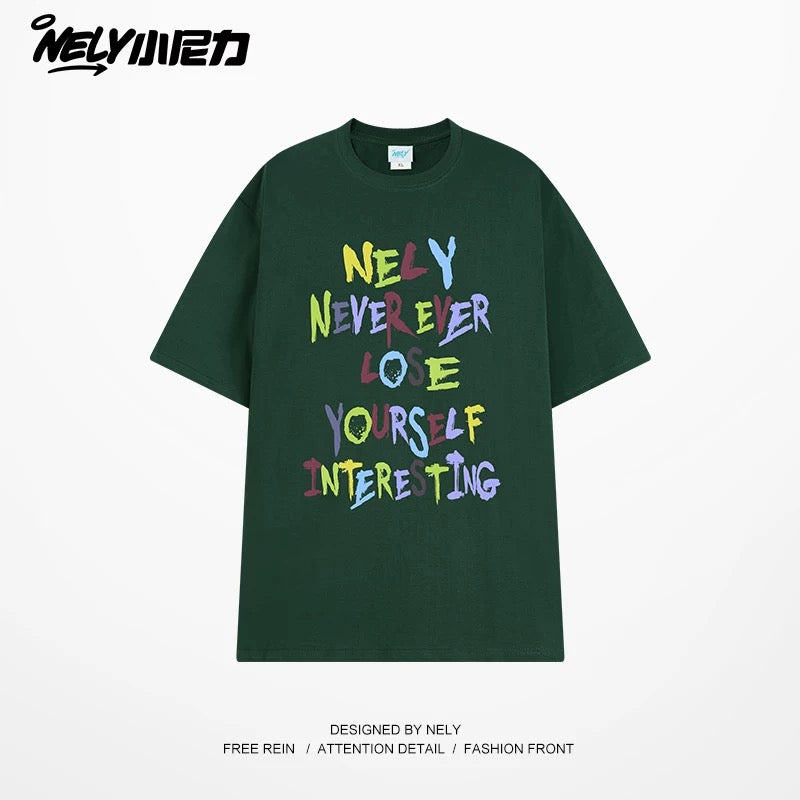 NELY American retro color letter print short-sleeved T-shirt for men and women summer casual loose trendy tops