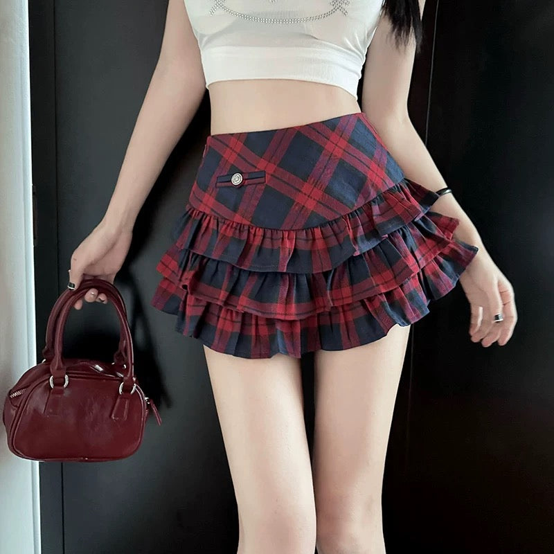 American retro plaid cake skirt female summer college style pattern jk skirt high waist slim fluffy A-line skirt