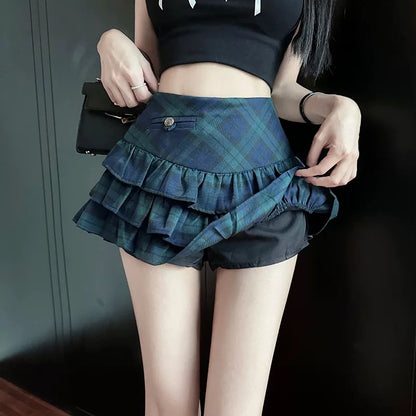 American retro plaid cake skirt female summer college style pattern jk skirt high waist slim fluffy A-line skirt