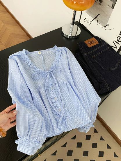 Jade Closet flagship store recommendation: A sweet-style lace-trimmed, tie-waist long-sleeved blouse for women, perfect for spring and autumn.
