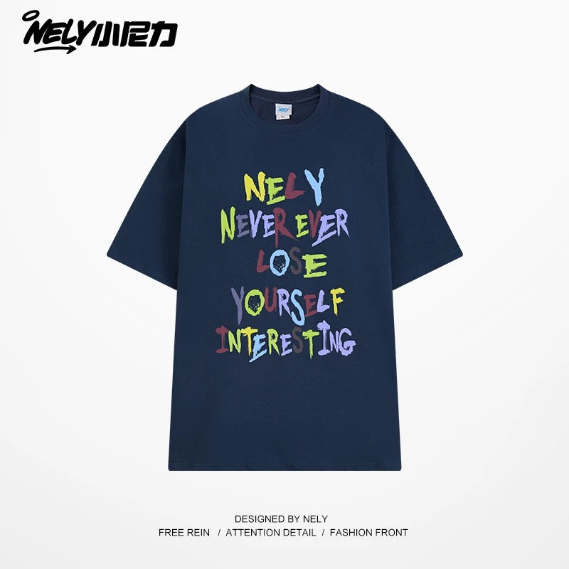 NELY American retro color letter print short-sleeved T-shirt for men and women summer casual loose trendy tops