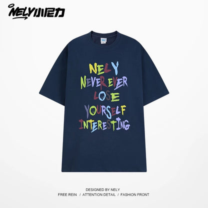 NELY American retro color letter print short-sleeved T-shirt for men and women summer casual loose trendy tops