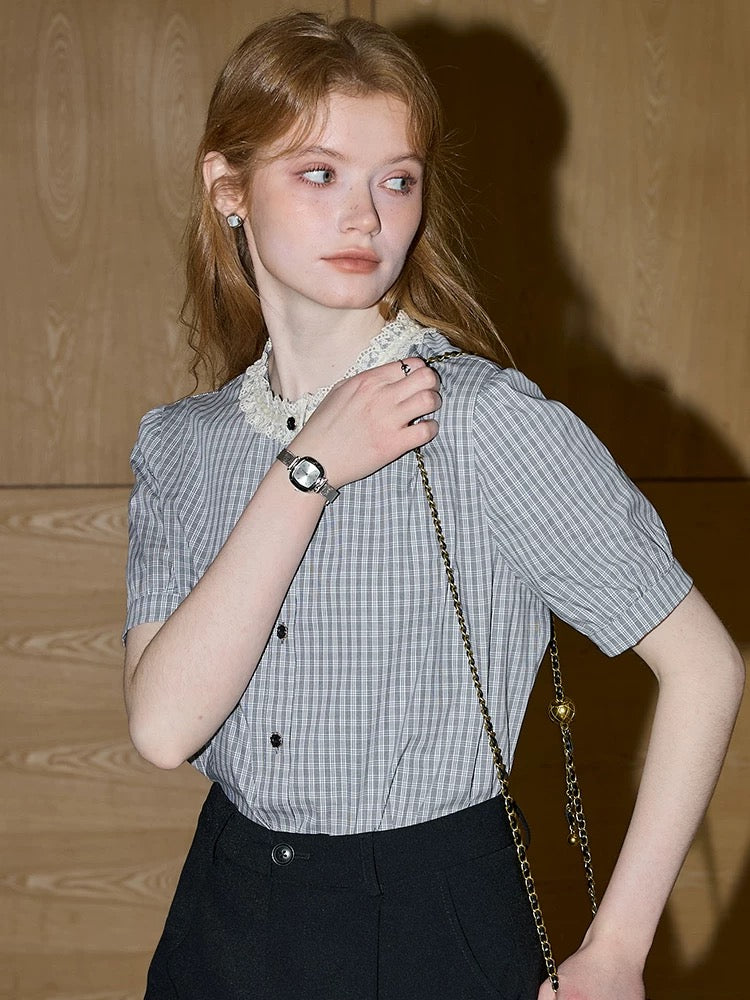 Kuhnmavie Lace Collar Plaid Short-Sleeve Shirt for Women, 2026 Early Spring New Style, Literary and Girlish Style