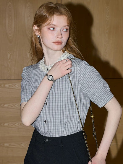 Kuhnmavie Lace Collar Plaid Short-Sleeve Shirt for Women, 2026 Early Spring New Style, Literary and Girlish Style
