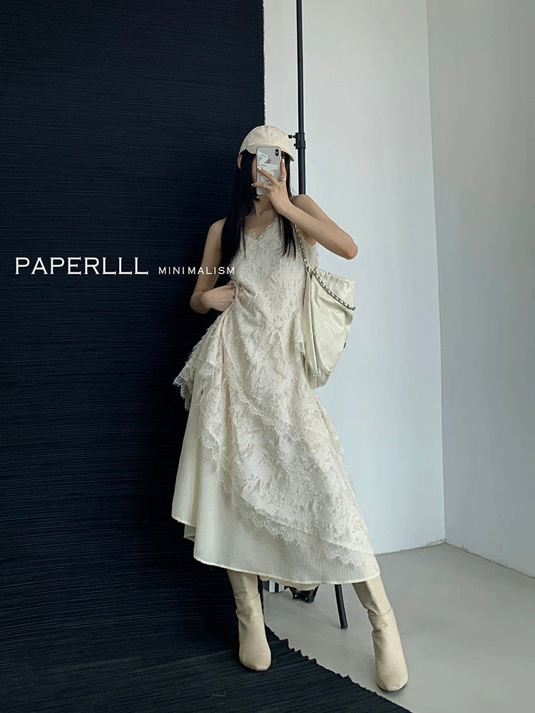 PAPERLLL Xinjian temperament white multi-layer suspender dress women's summer feather tassel waist mid-length skirt