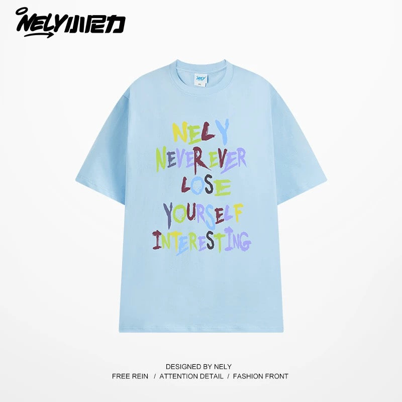 NELY American retro color letter print short-sleeved T-shirt for men and women summer casual loose trendy tops