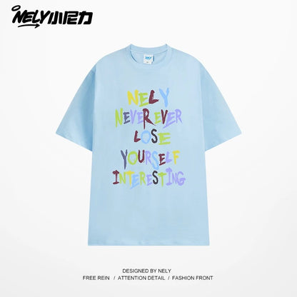 NELY American retro color letter print short-sleeved T-shirt for men and women summer casual loose trendy tops