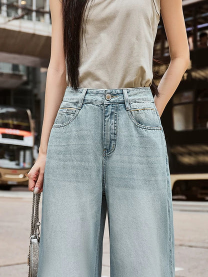 2025 Summer New Light Color Tencel Jeans Women's Thin Cool Small High Waist Drape Straight Wide Leg Pants
