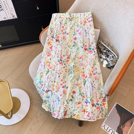 Korean style colorful floral ruffled fishtail skirt for women summer small fresh high waist fashionable a-line chiffon long skirt