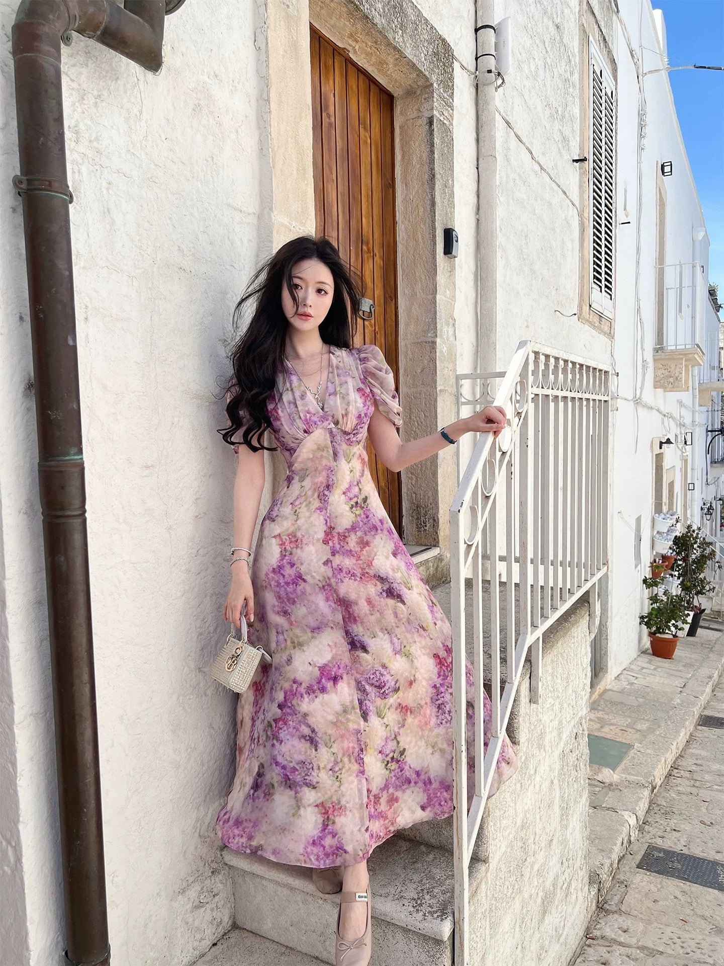 Bear House [Fermented Rice Grape] Yi Mengling's Same Style Grape Purple Floral Print Slim Waist Puff Sleeve Dress for Women