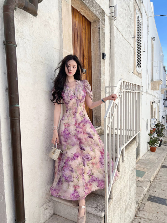 Bear House [Fermented Rice Grape] Yi Mengling's Same Style Grape Purple Floral Print Slim Waist Puff Sleeve Dress for Women