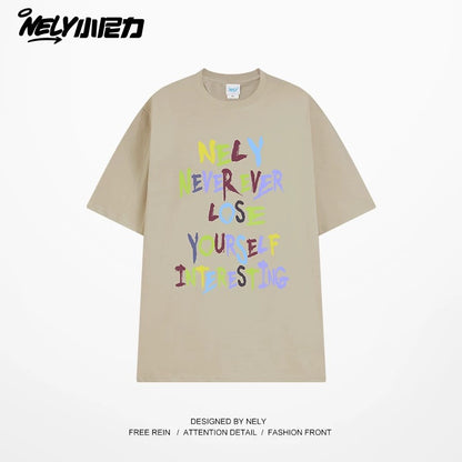 NELY American retro color letter print short-sleeved T-shirt for men and women summer casual loose trendy tops