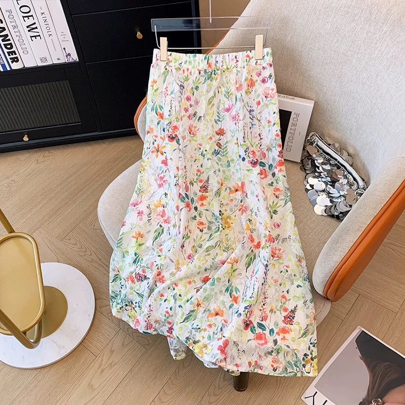Korean style colorful floral ruffled fishtail skirt for women summer small fresh high waist fashionable a-line chiffon long skirt