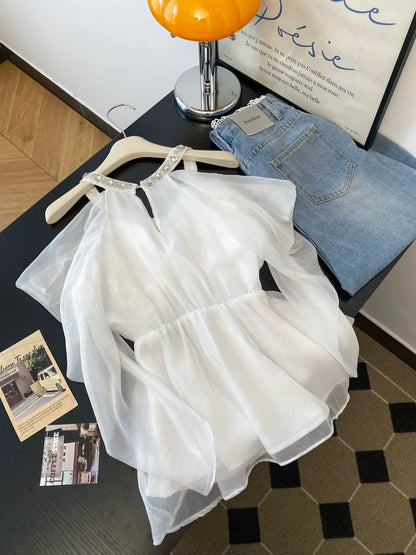 Jade Closet flagship store recommendation: A sweet and stylish rhinestone-embellished blouse for women, perfect for summer.