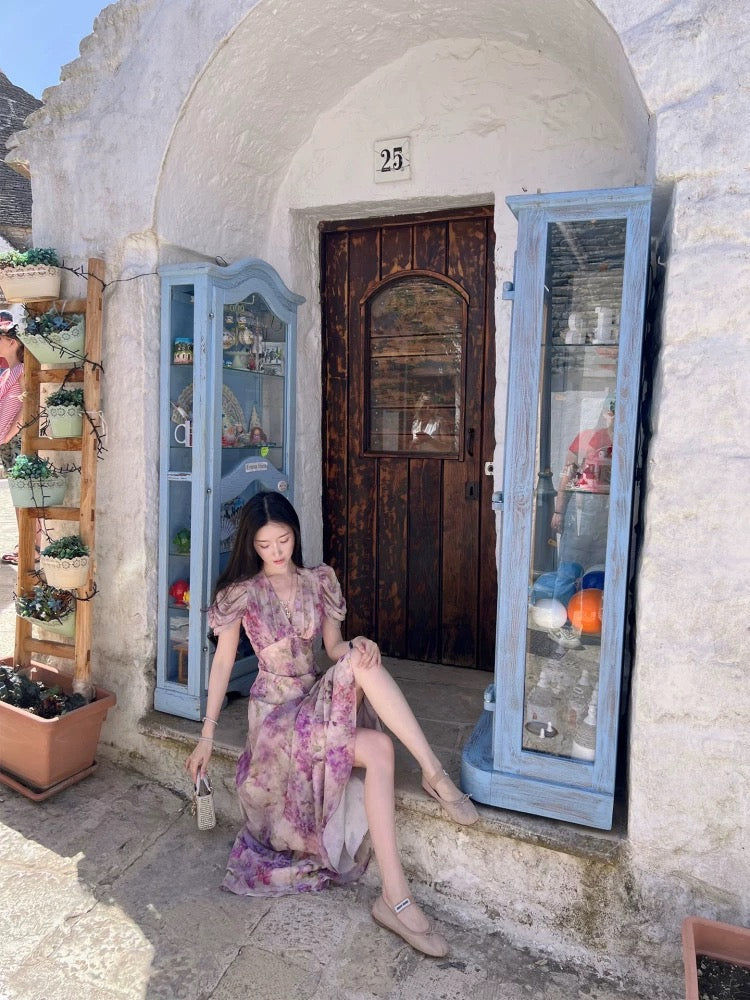 Bear House [Fermented Rice Grape] Yi Mengling's Same Style Grape Purple Floral Print Slim Waist Puff Sleeve Dress for Women