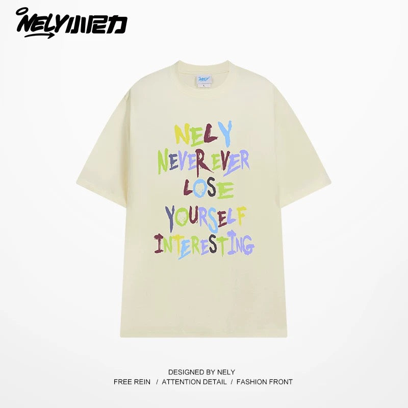 NELY American retro color letter print short-sleeved T-shirt for men and women summer casual loose trendy tops