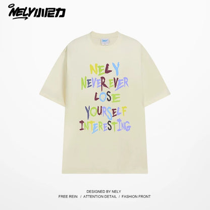 NELY American retro color letter print short-sleeved T-shirt for men and women summer casual loose trendy tops