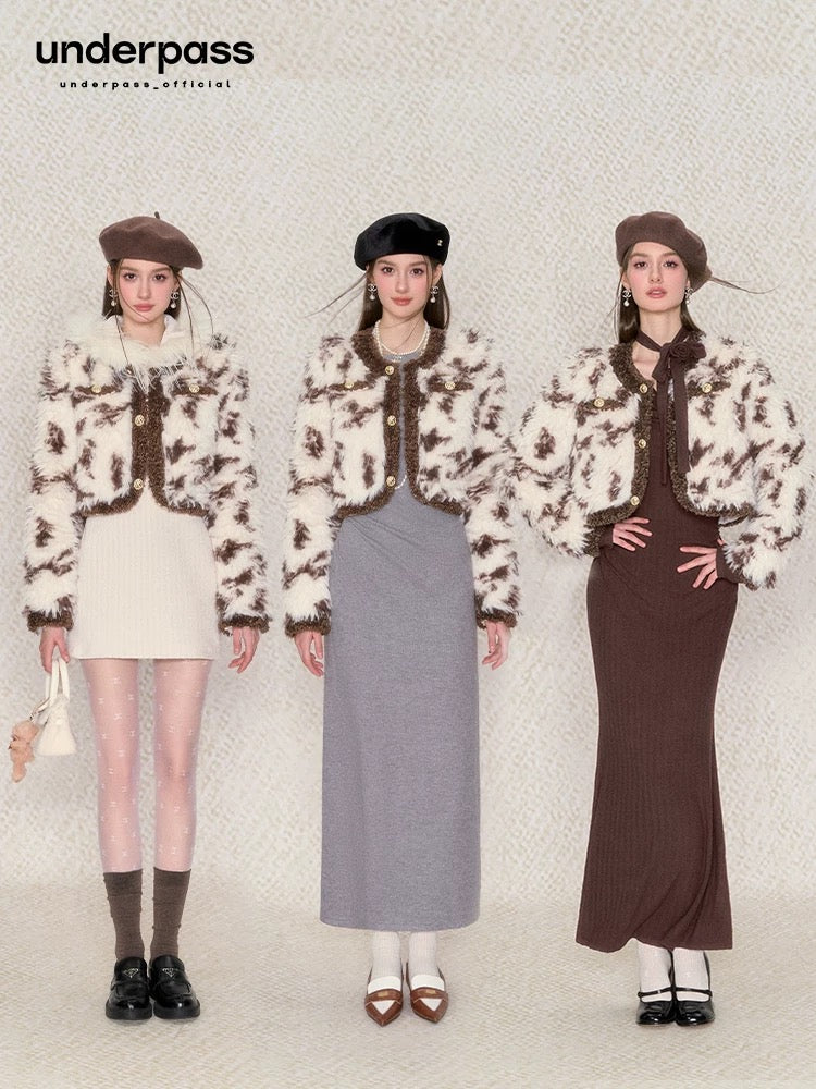 Underpass original design white coffee color matching small fragrance round neck warm furry fur short coat for women