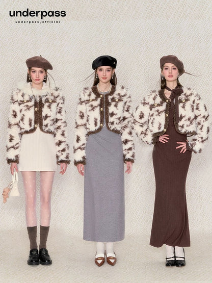 Underpass original design white coffee color matching small fragrance round neck warm furry fur short coat for women