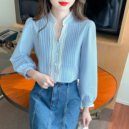 Lace splicing striped shirt spring women's 2024 new beautiful shirt early spring Korean chic chic top
