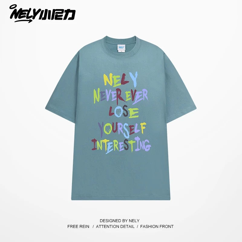 NELY American retro color letter print short-sleeved T-shirt for men and women summer casual loose trendy tops