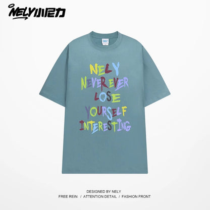 NELY American retro color letter print short-sleeved T-shirt for men and women summer casual loose trendy tops