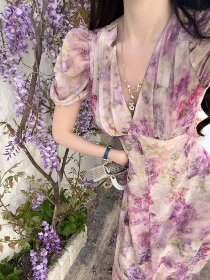 Bear House [Fermented Rice Grape] Yi Mengling's Same Style Grape Purple Floral Print Slim Waist Puff Sleeve Dress for Women