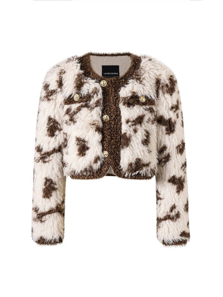 Underpass original design white coffee color matching small fragrance round neck warm furry fur short coat for women