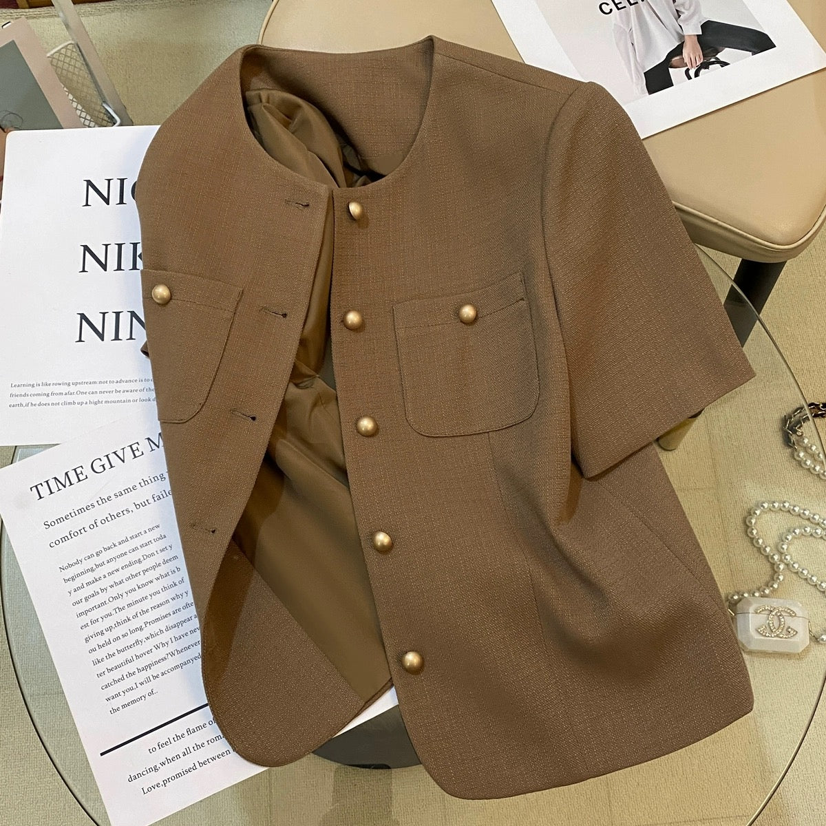 Brown short style short-sleeved suit jacket for women 2024 summer new casual fashion commuting all-match suit
