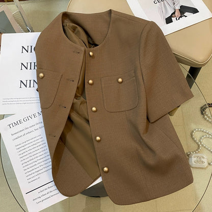 Brown short style short-sleeved suit jacket for women 2024 summer new casual fashion commuting all-match suit