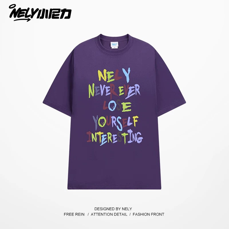 NELY American retro color letter print short-sleeved T-shirt for men and women summer casual loose trendy tops