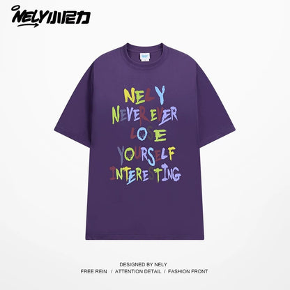 NELY American retro color letter print short-sleeved T-shirt for men and women summer casual loose trendy tops