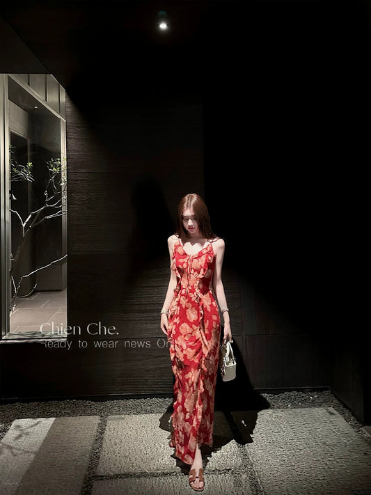 Chien Che's French-style chiffon floral dress, spring/summer, sophisticated and sexy, slit ruffle halter dress for women.
