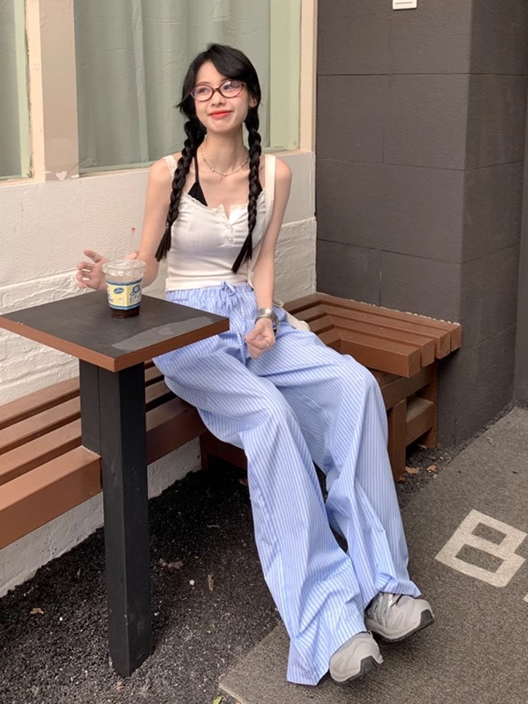 Korean style long pants women lazy blue vertical striped wide leg pants autumn and summer thin high waist straight loose casual mopping pants