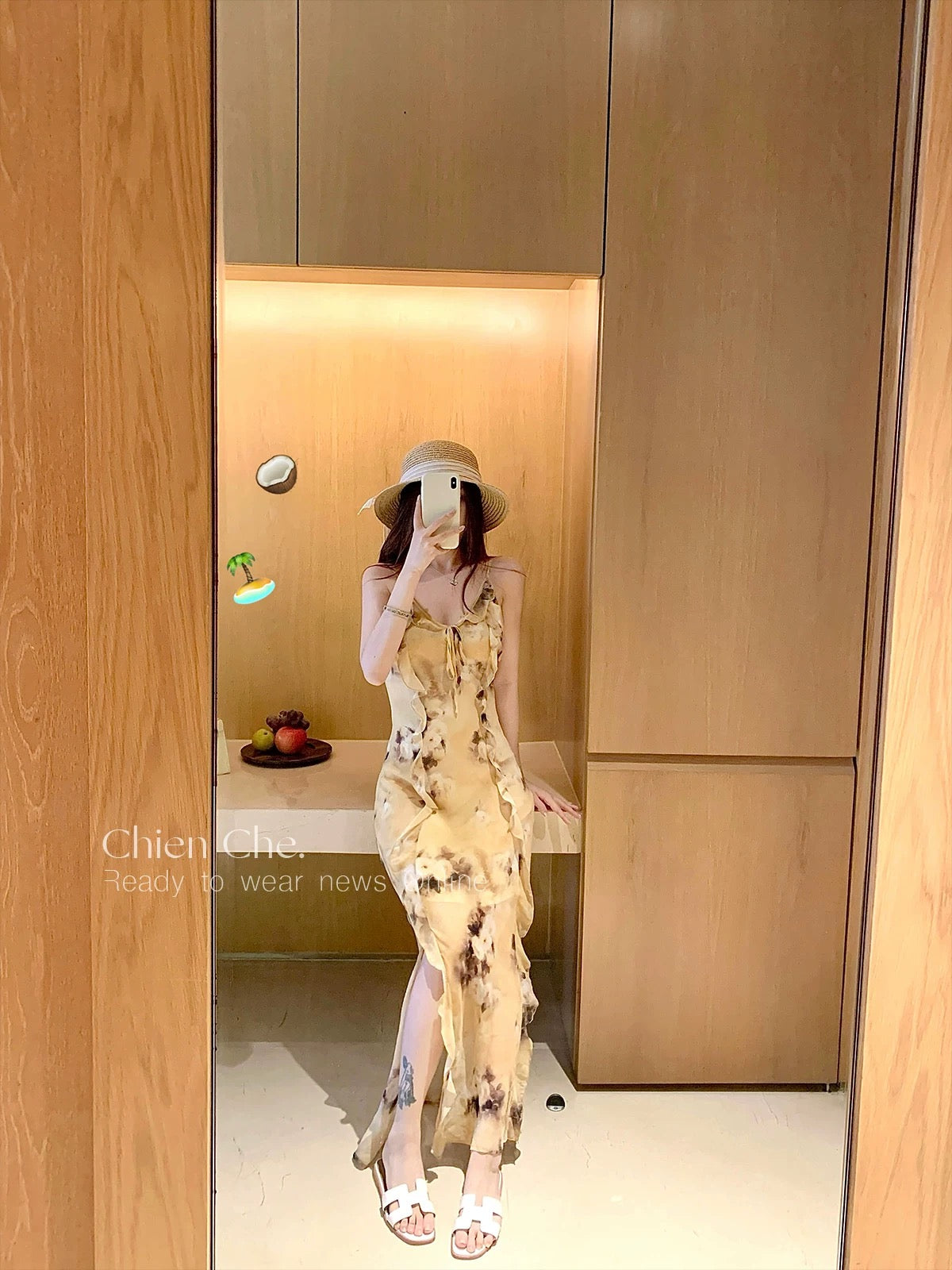 Chien Che's French-style chiffon floral dress, spring/summer, sophisticated and sexy, slit ruffle halter dress for women.