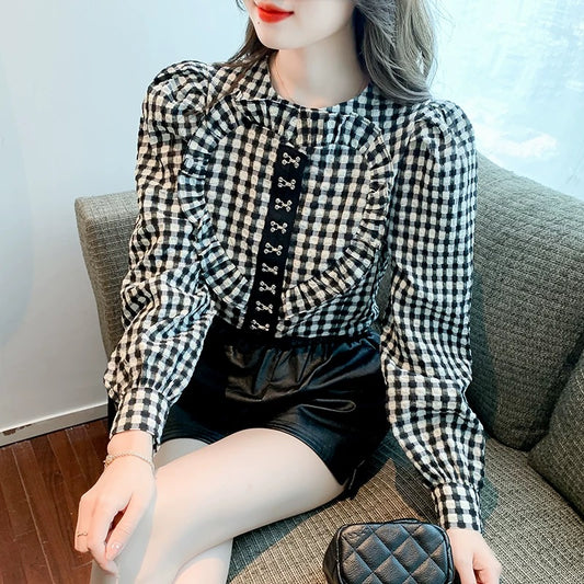 Plaid shirt spring women's 2024 new age-reducing beautiful shirt chic French sweet spring long-sleeved top