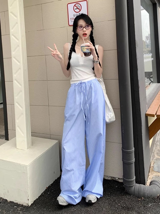 Korean style long pants women lazy blue vertical striped wide leg pants autumn and summer thin high waist straight loose casual mopping pants