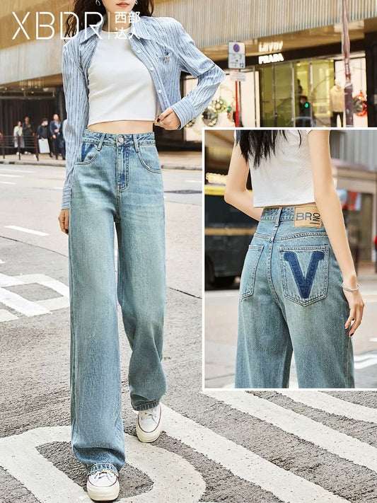 Hong Kong style retro loose high waist jeans women's straight wide leg pants 2025 spring new design mopping pants