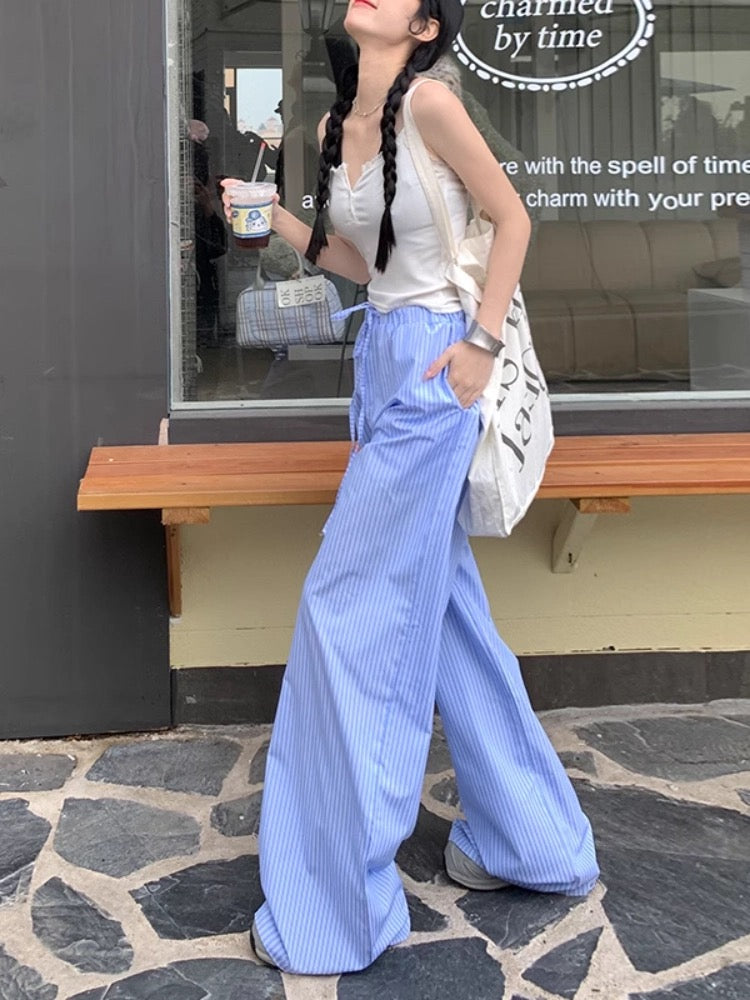 Korean style long pants women lazy blue vertical striped wide leg pants autumn and summer thin high waist straight loose casual mopping pants