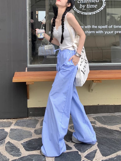 Korean style long pants women lazy blue vertical striped wide leg pants autumn and summer thin high waist straight loose casual mopping pants