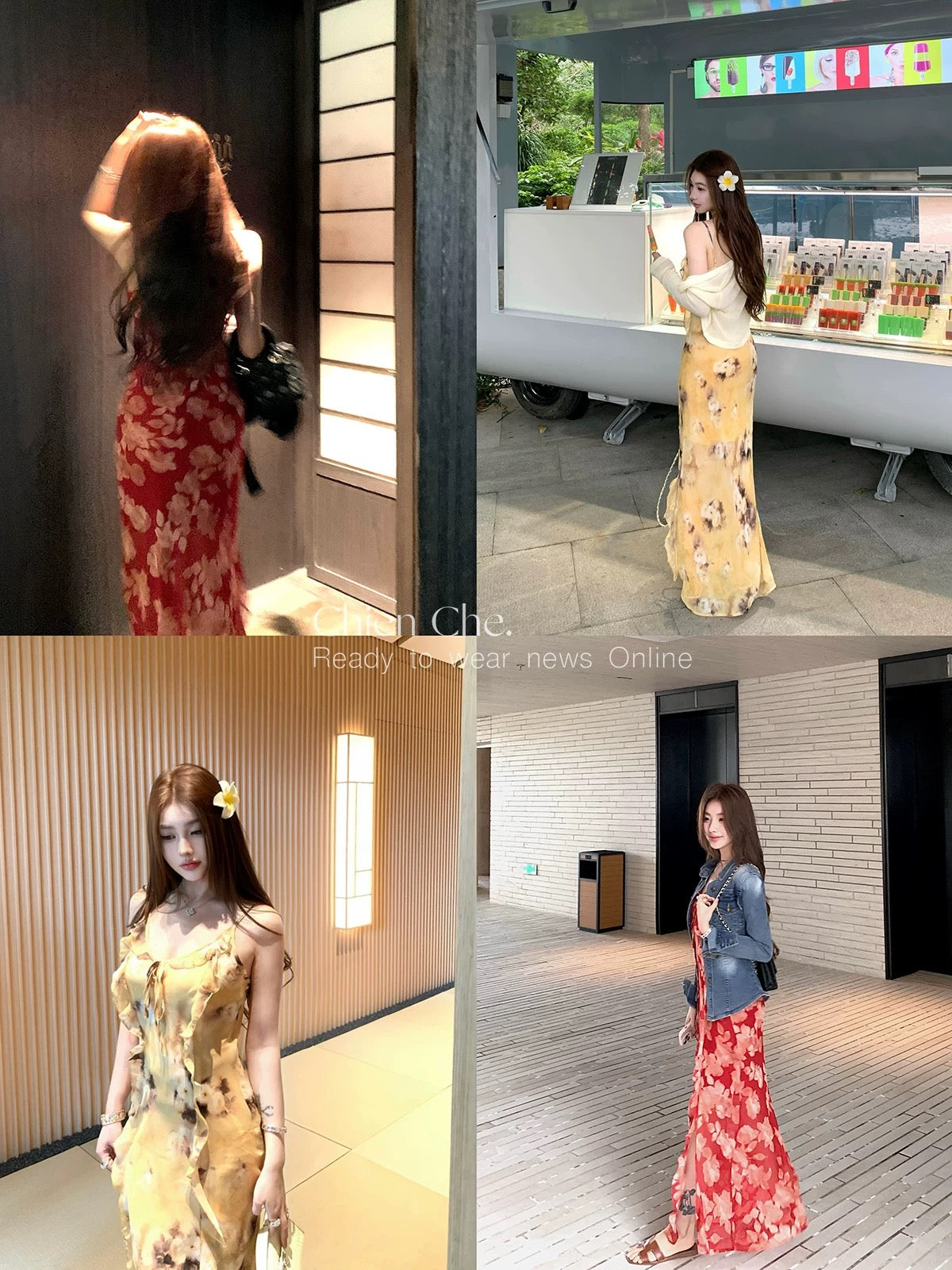Chien Che's French-style chiffon floral dress, spring/summer, sophisticated and sexy, slit ruffle halter dress for women.