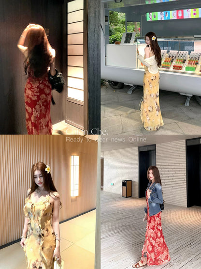 Chien Che's French-style chiffon floral dress, spring/summer, sophisticated and sexy, slit ruffle halter dress for women.