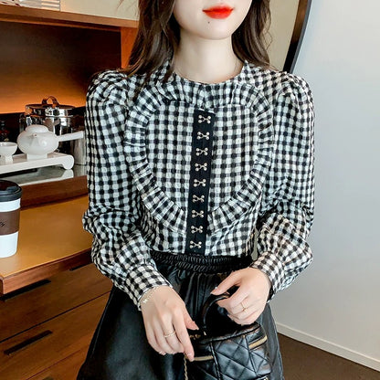 Plaid shirt spring women's 2024 new age-reducing beautiful shirt chic French sweet spring long-sleeved top