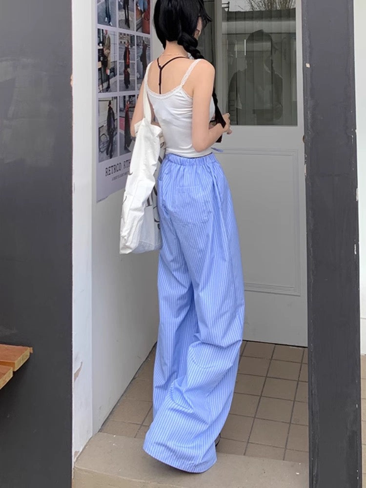 Korean style long pants women lazy blue vertical striped wide leg pants autumn and summer thin high waist straight loose casual mopping pants