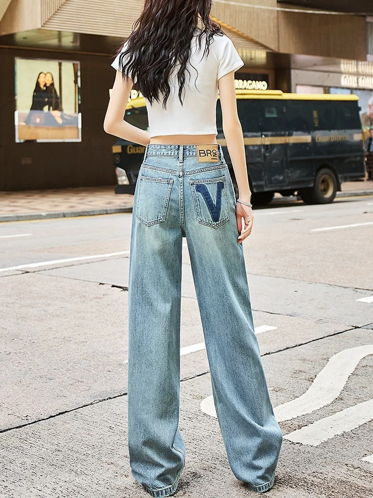 Hong Kong style retro loose high waist jeans women's straight wide leg pants 2025 spring new design mopping pants