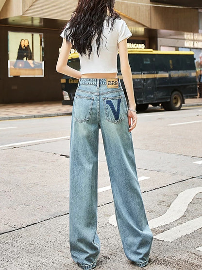 Hong Kong style retro loose high waist jeans women's straight wide leg pants 2025 spring new design mopping pants